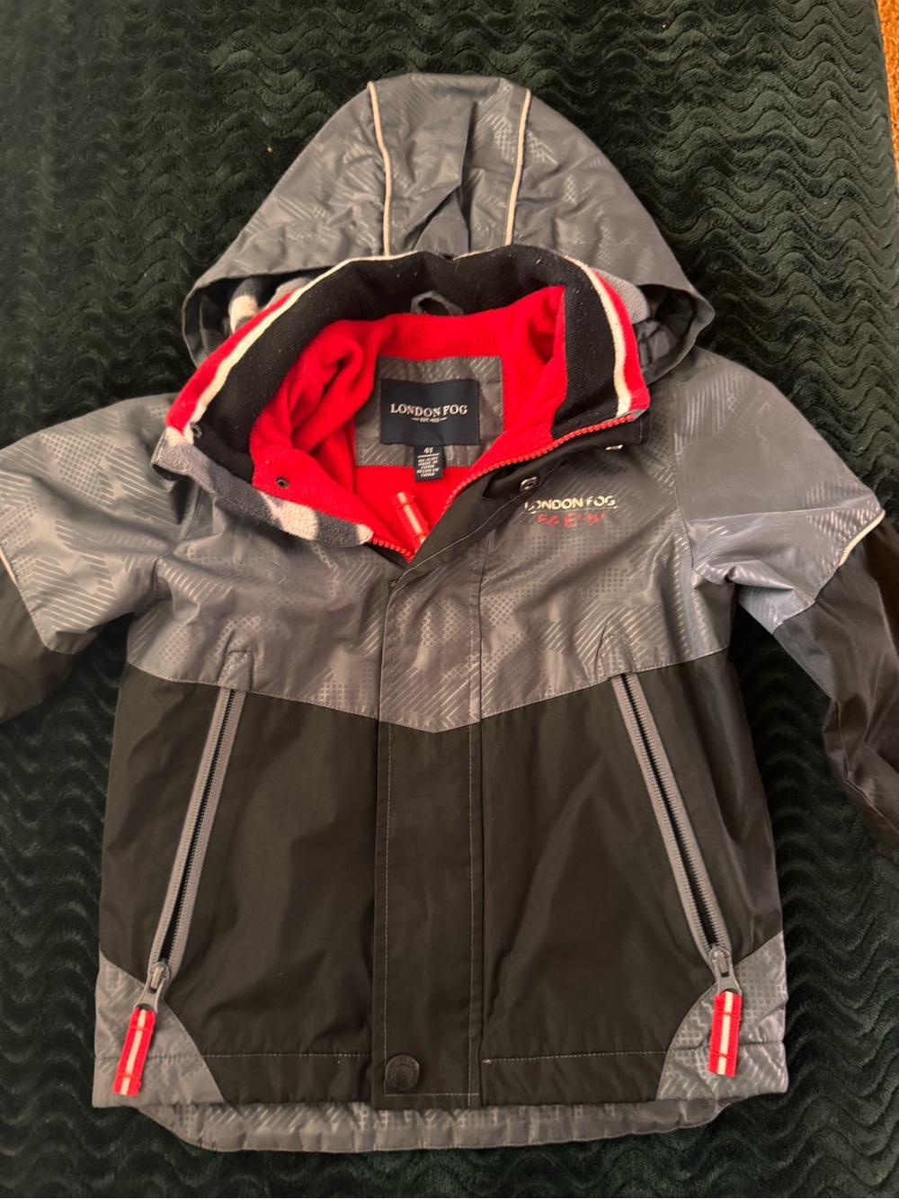 London Fog Kids Hooded Raincoat in Gray, Black & Red